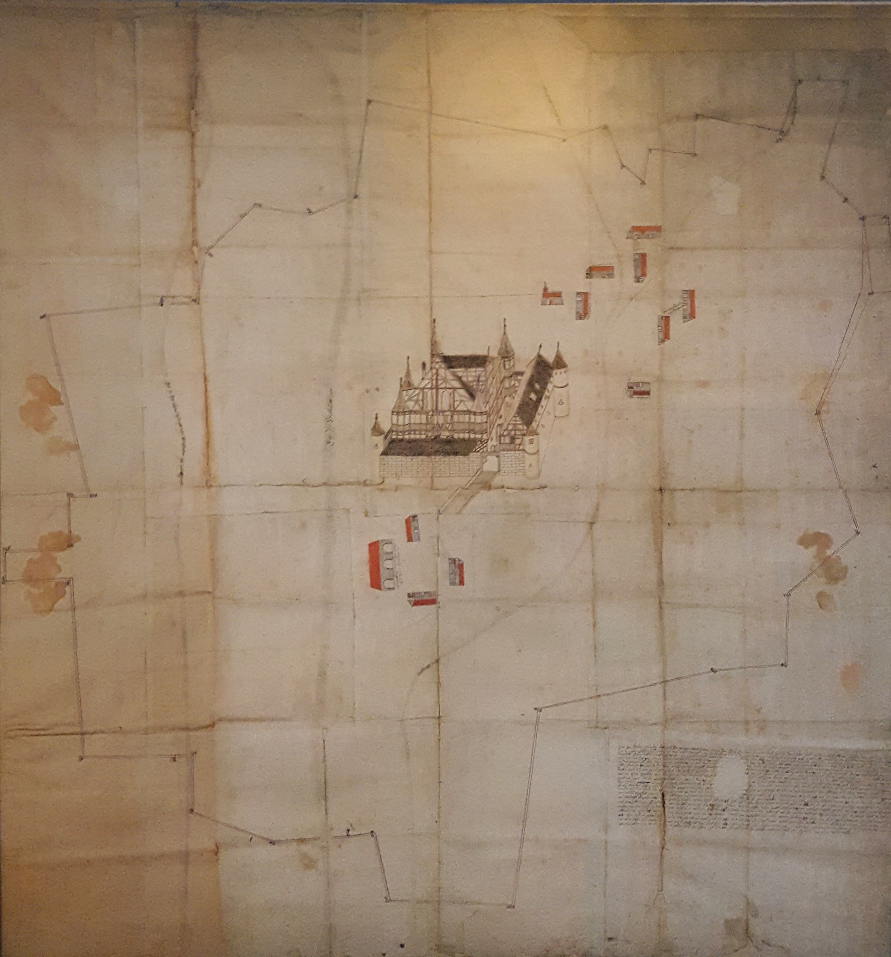 Handgezeichneter Lageplan von 1554 mit Schloss, Gebäuden und Grenzlinien