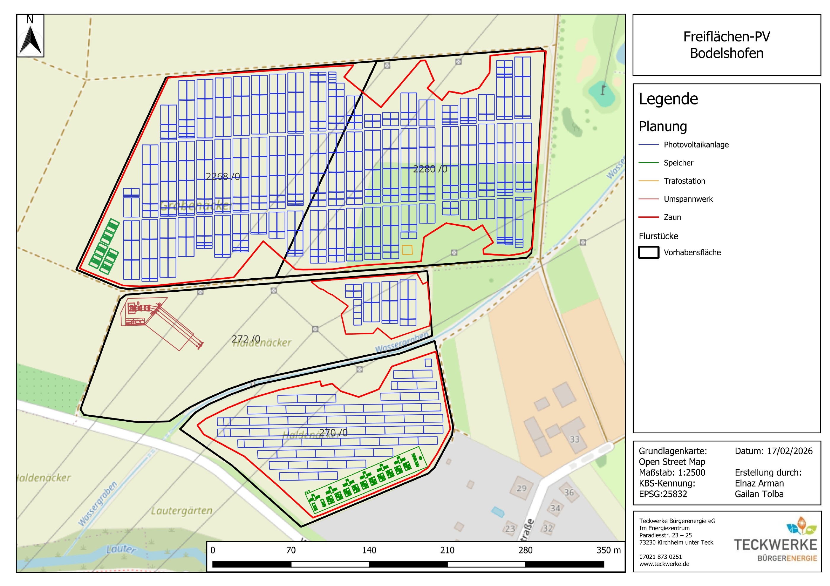 Lageplan der geplanten Freiflächen-Photovoltaik mit Legende, Maßstab und Quellenangaben