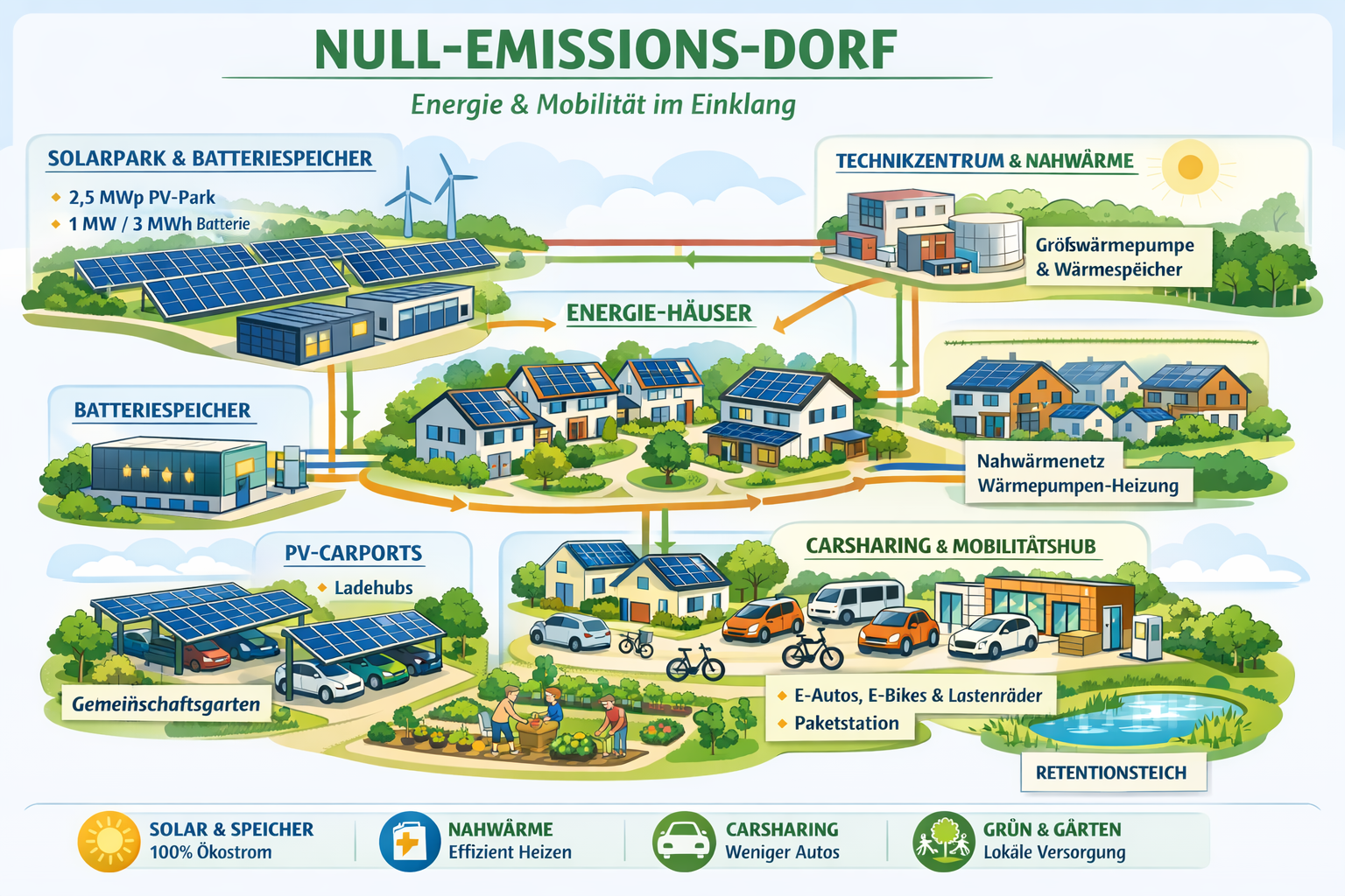 Illustriertes Schaubild Null-Emissions-Dorf mit Solarpark, Nahwärme, Energie-Häusern und Mobilitätshub